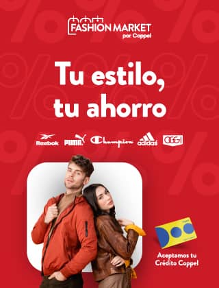 Fashion Market por Coppel. Tu estilo, tu ahorro. Logos Reebok, Puma, Champion, adidas y OGGI. Aceptamos tu Crédito Coppel.