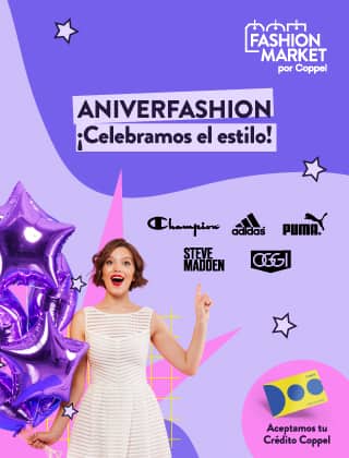 Fashion Market por Coppel. Aniverfashion. ¡Celebramos el estilo! Aceptamos tu Crédito Coppel. Logos de marcas Champion, adidas, Puma, Steve Madden y OGGI. Encuentra estas y más marcas en tu tienda más cercana.